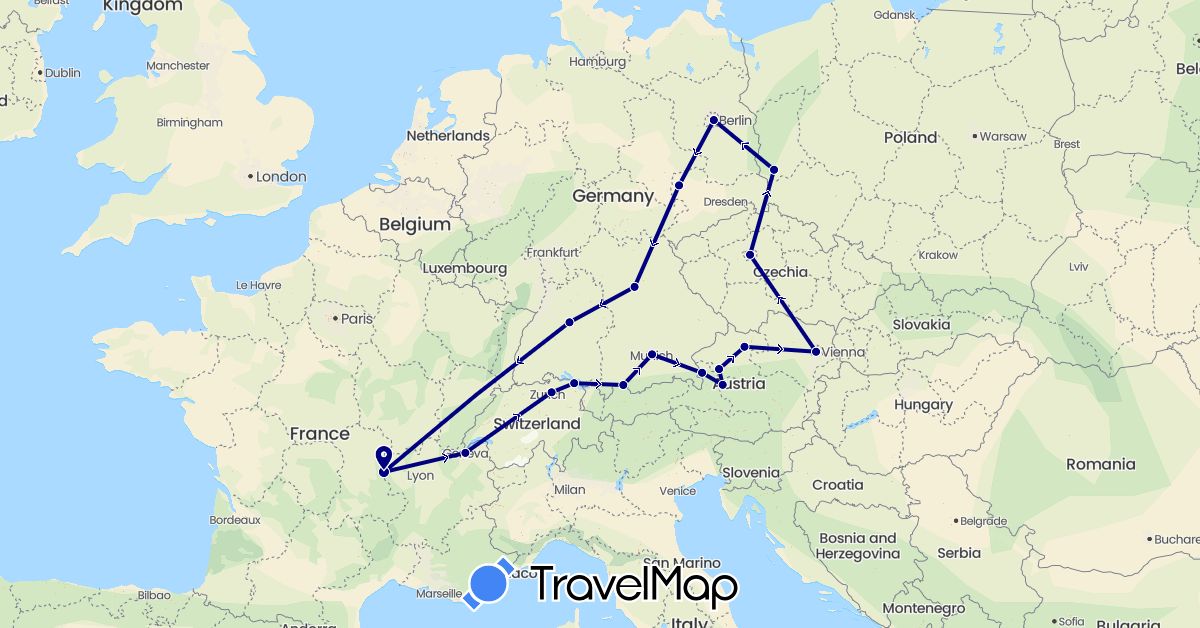TravelMap itinerary: driving in Austria, Switzerland, Czech Republic, Germany, France, Poland (Europe)